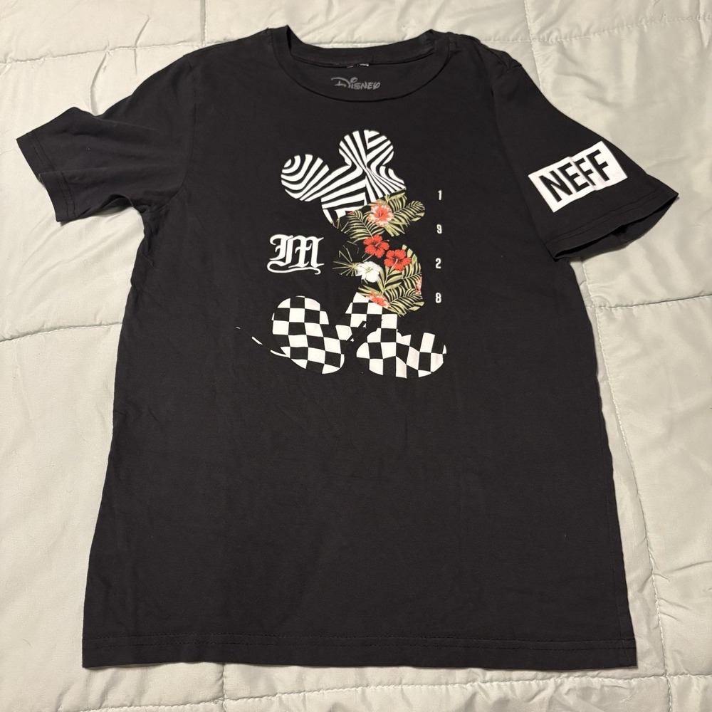 Disney x NEFF Mickey Mouse 1928 T-Shirt Mens L Black Floral Zebra Checkerboard